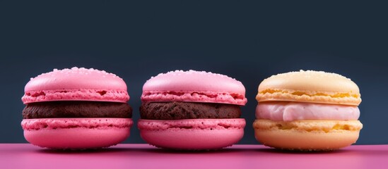 A close-up view of a row of three macaroons sitting next to each other. The macaroons are arranged horizontally, showcasing their colorful shells and delicate texture.