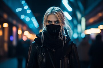 caucasian blond woman in black face mask and cyberpunk style clothes in night city - Powered by Adobe