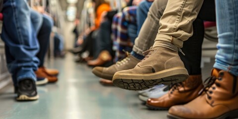 People sitting on the subway legs and feet visible Generative AI