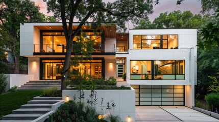 Modern house with warm lights at dusk, surrounded by trees