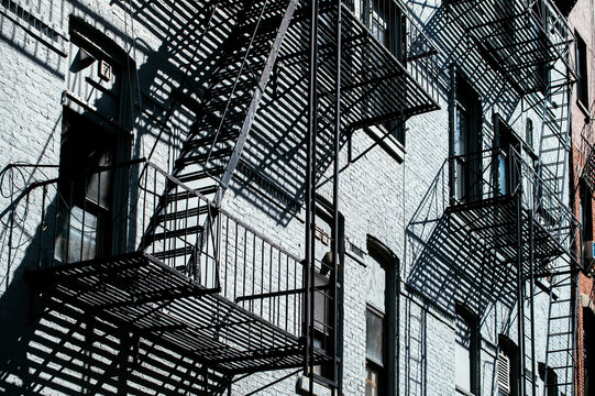 Exterior of brick building with balconies