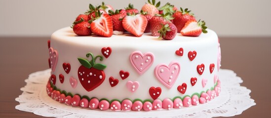 Obraz na płótnie Canvas A decorated cake featuring vibrant strawberries arranged neatly on top. The cake is adorned with frosting and other colorful decorations, making it a visually appealing dessert option for any