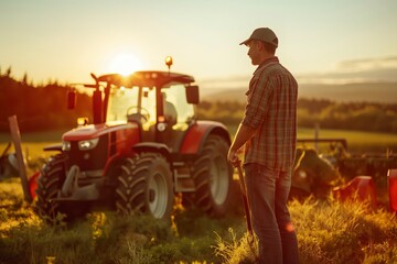 A man stands by a modern tractor in a field on a sunny day.