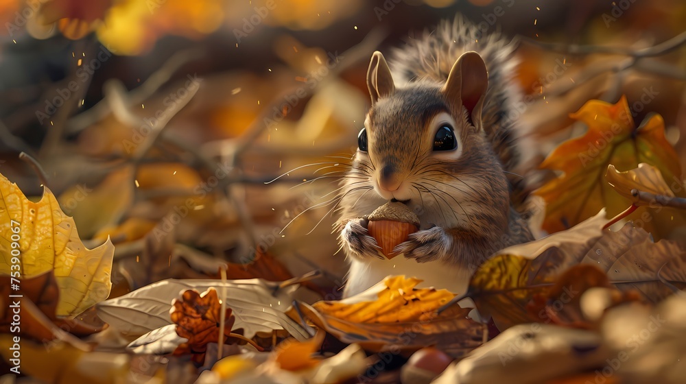 Poster nestled in a bed of leaves, the tiny squirrel-like character nibbles on an acorn, its cheeks bulging