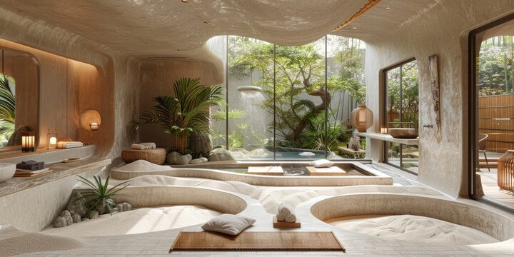 View from interior with zen inspired style inside on japanese garden house.