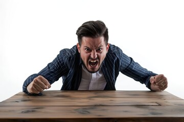Fototapeta premium A man seated at a table, mouth agape in surprise, isolated in white.