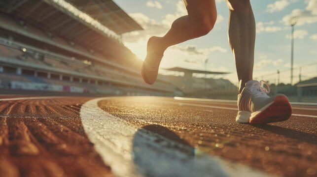 Athlete Running On Racetrack At Stadium. Close Up Of Athlete Legs