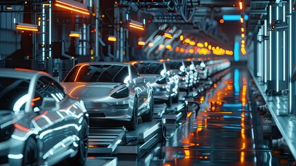 Obraz premium Automated Robotics Futuristic Electric Cars Factory Production Line As Wide Banners With Statistics Of Production And Efficiency As Wide Banner With Copy Space Area -