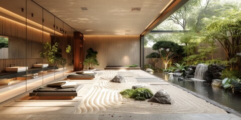 Fototapeta premium View from interior with zen inspired style inside on japanese garden house.