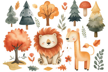 Watercolor lion. An adorable set of watercolor lions presented with a mix of savanna flora, creating a charming and heartwarming scene.