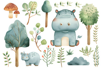 Watercolor hippopo. A whimsical watercolor scene featuring a cute hippopotamus surrounded by an...