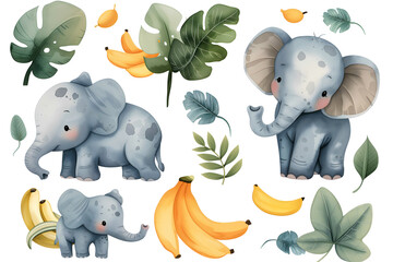 This cute watercolor illustration showcases baby elephants with tropical leaves and fruit, perfect...