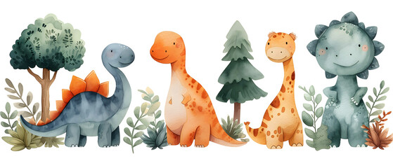 Watercolor dinosaur. A whimsical collection of watercolor dinosaur illustrations, accompanied by a...