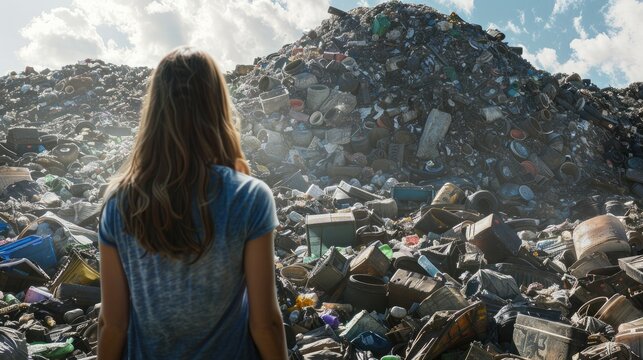 Back View Of Woman Looking A Mountain Of Garbage In A Junkyard Dump