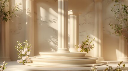 Naklejka premium Background Podium Column 3D Roman Luxury Greek White Ancient Display Product Classic. Podium Platform Background Column Pillar Stage Minimal Stand Beauty Design Greece Render Scene Plant Cosmetic Rome