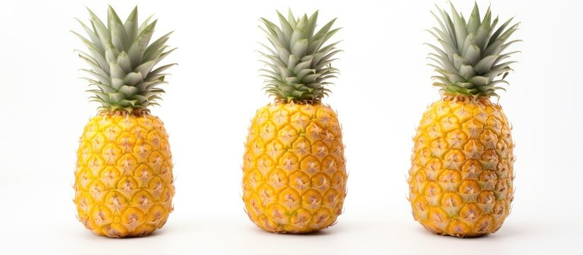 A trio of pineapples are positioned side by side in a simple and orderly manner against a white background. The pineapples are whole and fresh, with their textured skin and leafy crowns clearly
