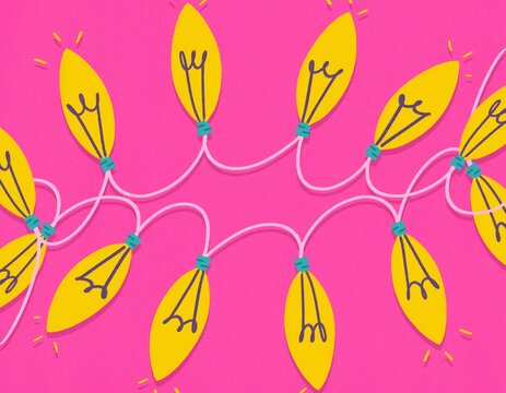 Christmas lights mess in pink. Minimal retro illustration