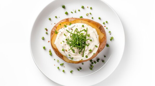 Image displaying BAKED POTATO topped with SOUR CREAM and CHIVES on a white round plate against a white background, top view
