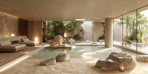Fototapeta premium View from interior with zen inspired style inside on japanese garden house.