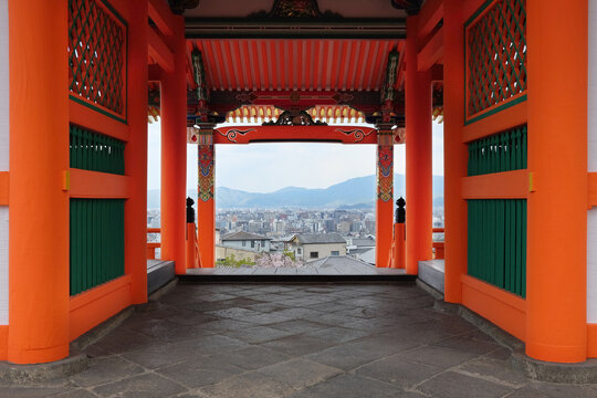 Kyoto cityscape through the gate of temple