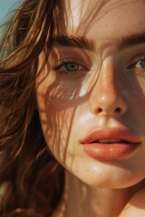 close up of young caucasian woman in natural set with freckles pale skin blue eyes in magazine editorial look with facial mask floral looking at camera for natural beauty skincare spa commercial