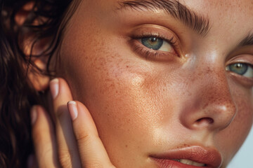 close up of young caucasian woman in natural set with freckles pale skin blue eyes in magazine editorial look with facial mask floral looking at camera for natural beauty skincare spa commercial - obrazy, fototapety, plakaty