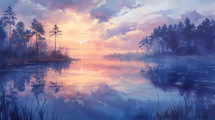 A pastoral watercolor scene, with the luminous pastel palette depicting the soft glow of dawn casting a peaceful lavender and blue over a sleeping countryside