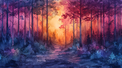 A mystical forest path rendered in watercolor
