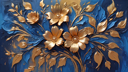 colorful blue and gold flowers painted with oil paints. bright floral background