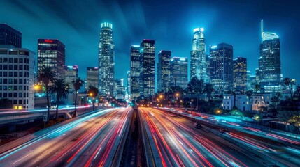 cars at high speed sweeping effect at night on an avenue in Los Angeles - obrazy, fototapety, plakaty