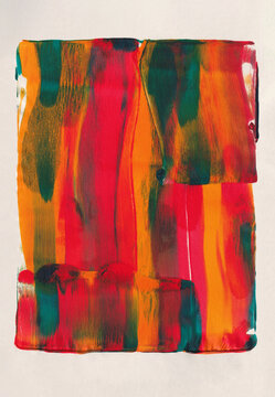 Messy acrylic monoprint in orange, red and teal