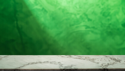 empty marble table at foreground and cement stone at background with green light from above for product displayed in rustic mood. green backdrop. abstract background for product stand for advertising.