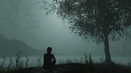 closeup photo portrait of a sad depressed lonely guy. sitting alone under a tree in a park near a lake. feeling bad down and sick. wallpaper background 16:9