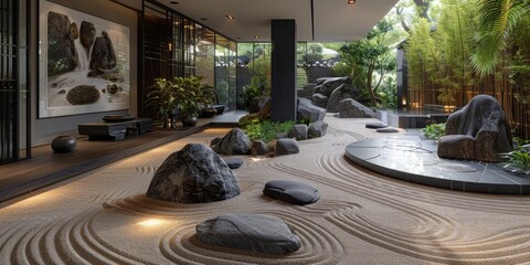 Obraz premium View from interior with zen inspired style inside on japanese garden house.