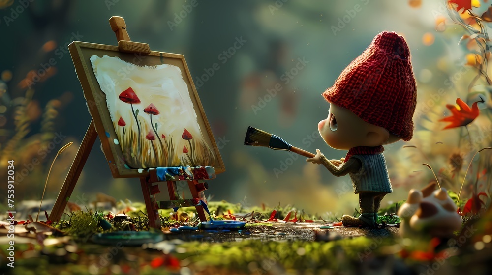 Poster holding a tiny paintbrush, the artistic character adds colorful splashes to a blank canvas, its imag