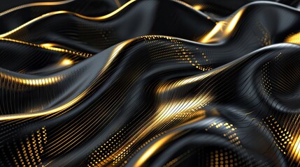 Naklejka premium Black And Gold Metal 3D Modern Luxury Futuristic Background. Abstract Close-Up Of Luxurious Black And Gold Textured Elements, Perfect For High-End Fashion And Design