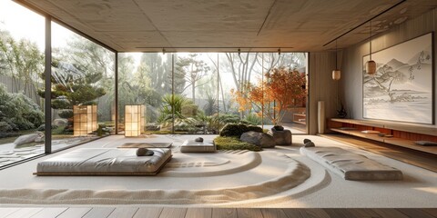 Fototapeta premium View from interior with zen inspired style inside on japanese garden house.