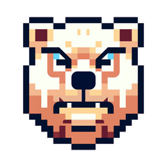 Obraz premium Pixel icon with a portrait of a brown bear that is angry and growls on a white background