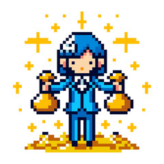 Pixel icon with an office worker in a blue suit holding gold in his hands, he stands on gold on a white background