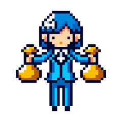 Obraz premium pixel icon with office worker in blue suit holding gold on white background