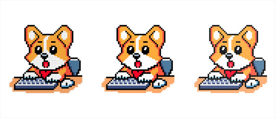 Pixel art icon with a corgi dog typing on a computer with a surprised look on a white background