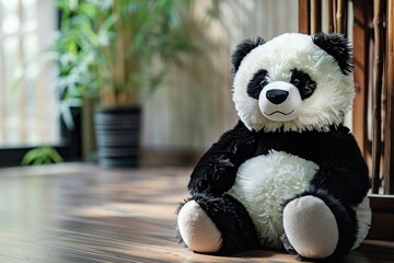 Stuffed Panda Bear Sitting on Hardwood Floor