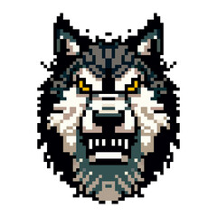 Pixel icon with a portrait of a gray wolf that is angry on a white background