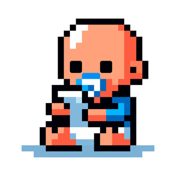 pixel art icon of a baby with a pacifier playing with a phone on a white background