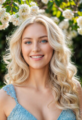 Naklejka premium Spring portrait of a young beautiful blonde girl with a dazzling smile, Generative AI
