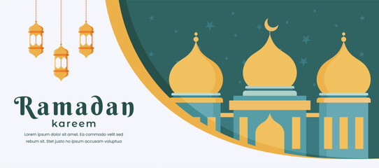 Ramadan Kareem banner template design with vector mosque and lantern illustration, Islamic theme background