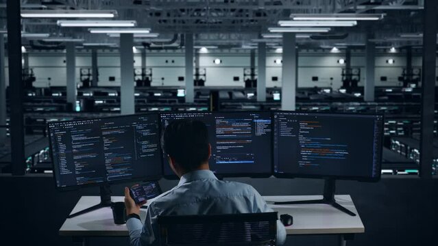 Back View Of Happy Asian Man Developer Looking At Code On Mobile Phone While Write Code With Multiple Computer Screens In Data Center