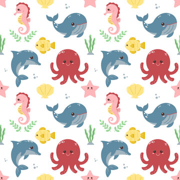 Seamless pattern of sea life. Cute sea animals. Vector flat illustration