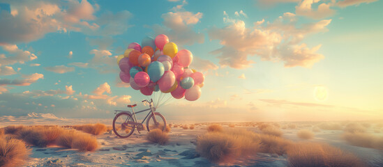 Bike in the desert with balloons - obrazy, fototapety, plakaty
