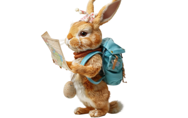 Easter Bunny Journey with Map and Pack Isolated on Transparent Background PNG.